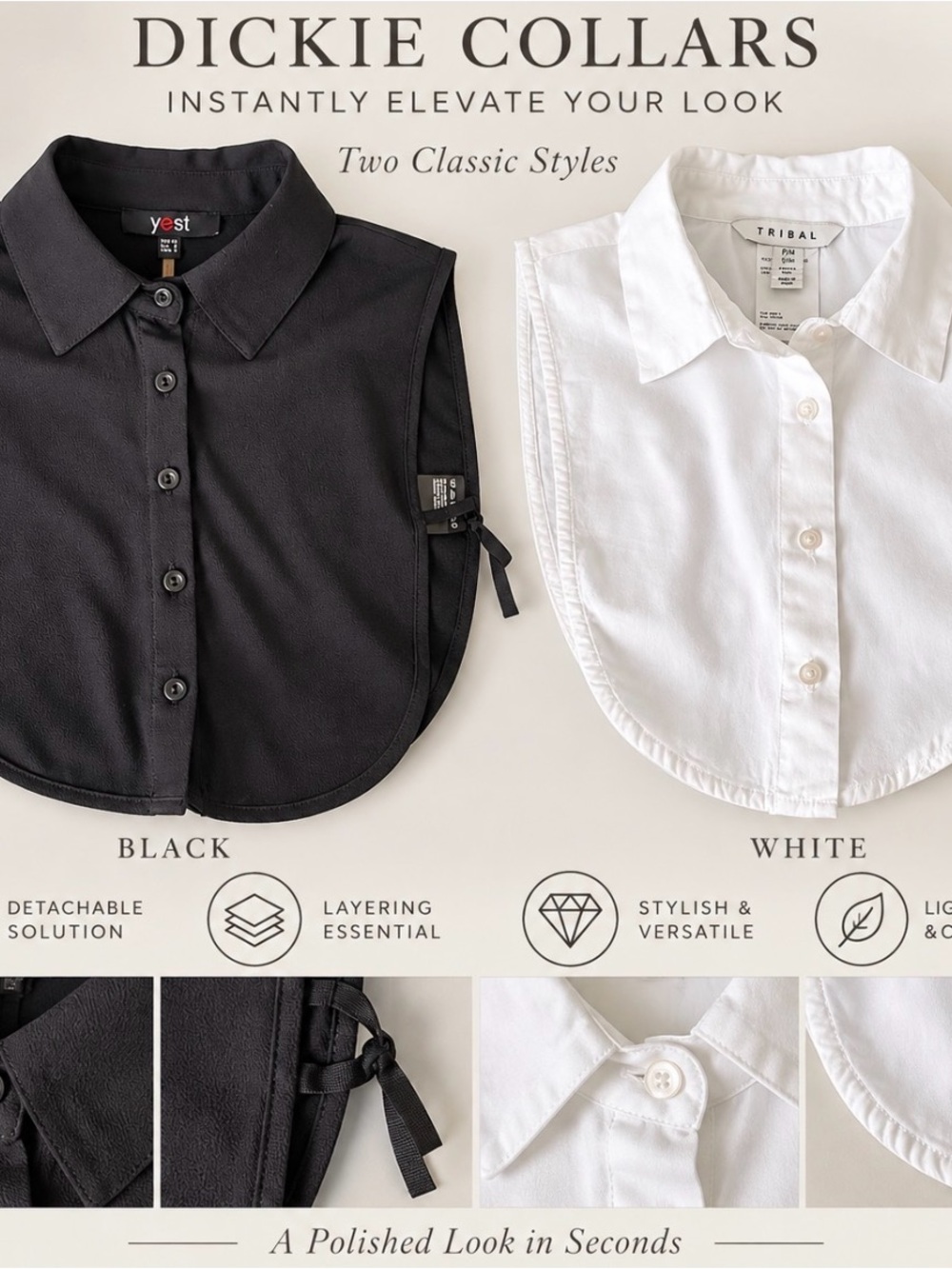 Dickie - Black and White Detachable Shirt Collar